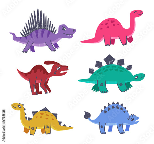 Fototapeta Naklejka Na Ścianę i Meble -  Funny Dinosaur as Cute Prehistoric Creature and Comic Jurassic Predator Vector Set
