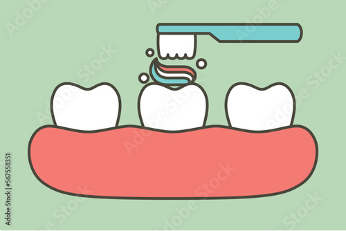 brushing teeth, toothbrush and toothpaste on tooth and gum - dental cartoon vector flat style