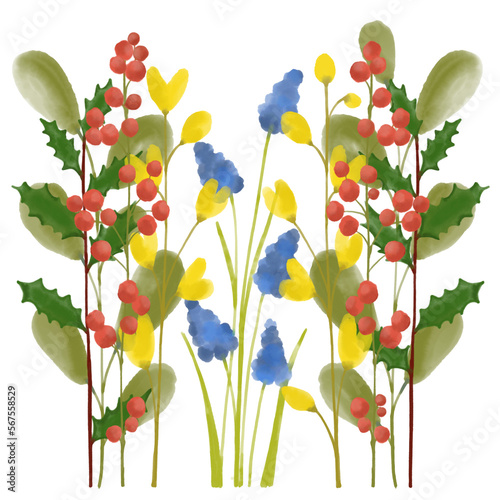 Holly branch  red berries  yellow flowers  grape hyacinth and green leaves  digital watercolor