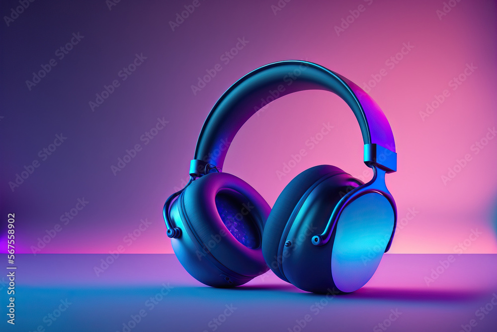 Creative headphone layout with a background of holographic purple, blue, and dramatic gradient lights painted in blue. minimal fashion Art in surrealism. Generative AI Creative headphone layout with a background of holographic purple, blue, and dramatic gradient lights painted in blue. minimal fashion Art in surrealism. Generative AI