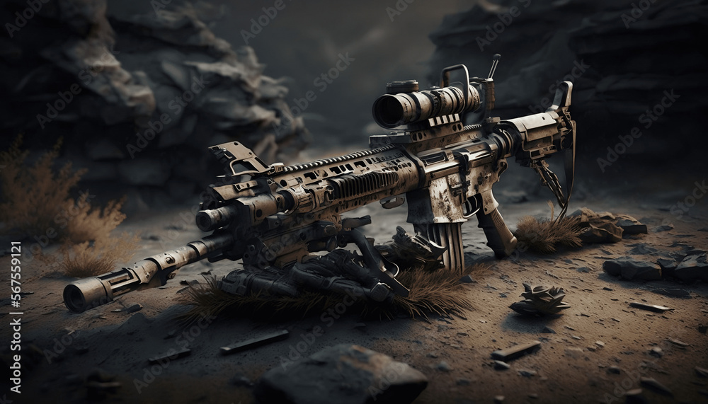 Rifle with scope on the ground. Generative AI. Stock Illustration ...