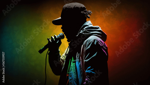 Singer with microphone on stage silhouette colorful 4. Generative AI. photo