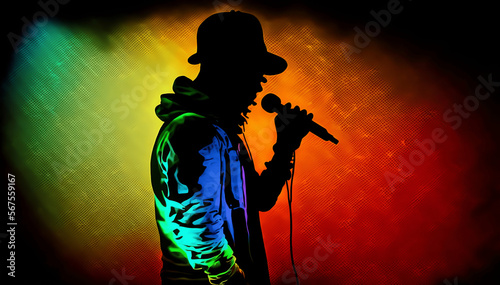 Singer with microphone on stage silhouette colorful. Generative AI.