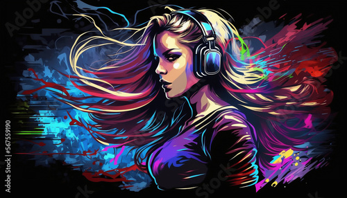 Colorful illustration of a woman with glasses and headphones 3. Generative AI.