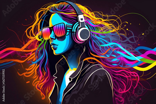Colorful illustration of a woman with glasses and headphones 4. Generative AI.