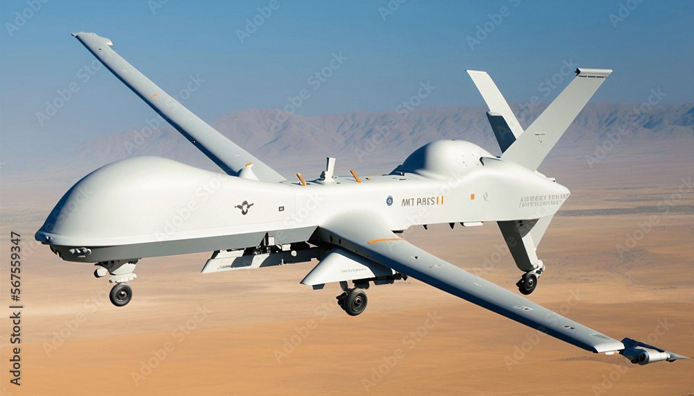Military drone UAV in the air. Generative AI. Military drone UAV in the air. Generative AI.