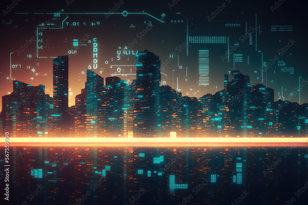 Futuristic technology cityscape with glowing programming code, generative ai