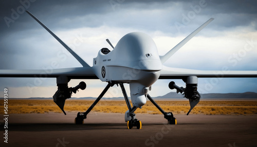 Military drone standing on runway. Generative AI. photo