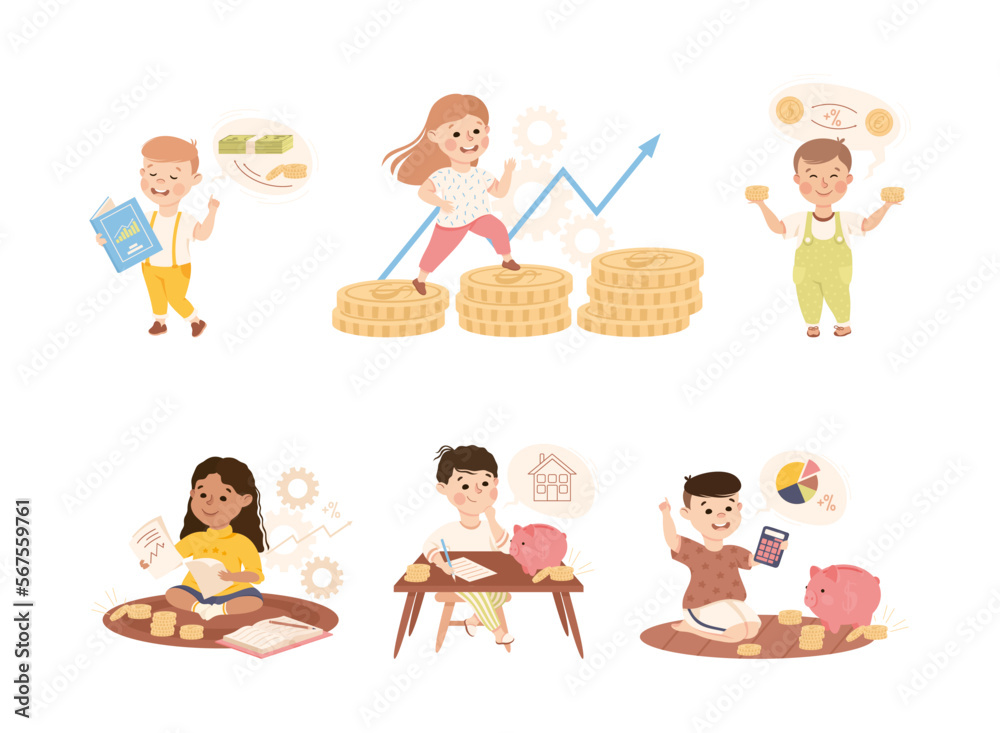 Little Boy and Girl Engaged in Economic Education and Financial Literacy Learning Saving and Investing Money Vector Set Little Boy and Girl Engaged in Economic Education and Financial Literacy Learning Saving and Investing Money Vector Set