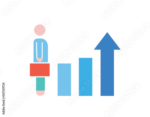 Career growth icon. Man with briefcase looks at growing arrows, metaphor for selfdevelopment, motivation and leadership. Successful Entrepreneur or Businessman. Cartoon flat vector illustration