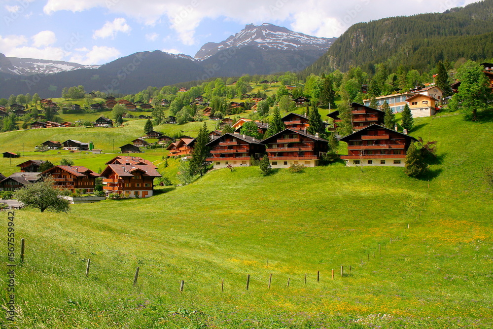 Grindelwald alpine village near Interlaken in the canton of Bern, Swiss alps
