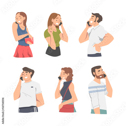 People Character Receiving Good News Speaking by Phone and Smiling Happily Vector Illustration Set