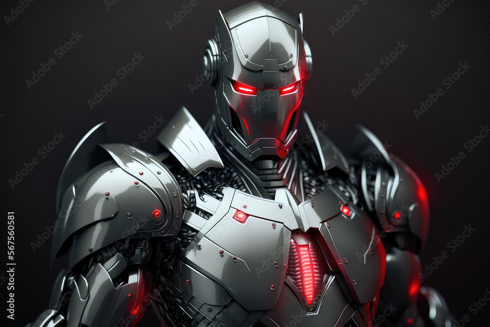 Fototapeta premium Sleek metallic robot with red LED lights protecting data with security shield, generative ai