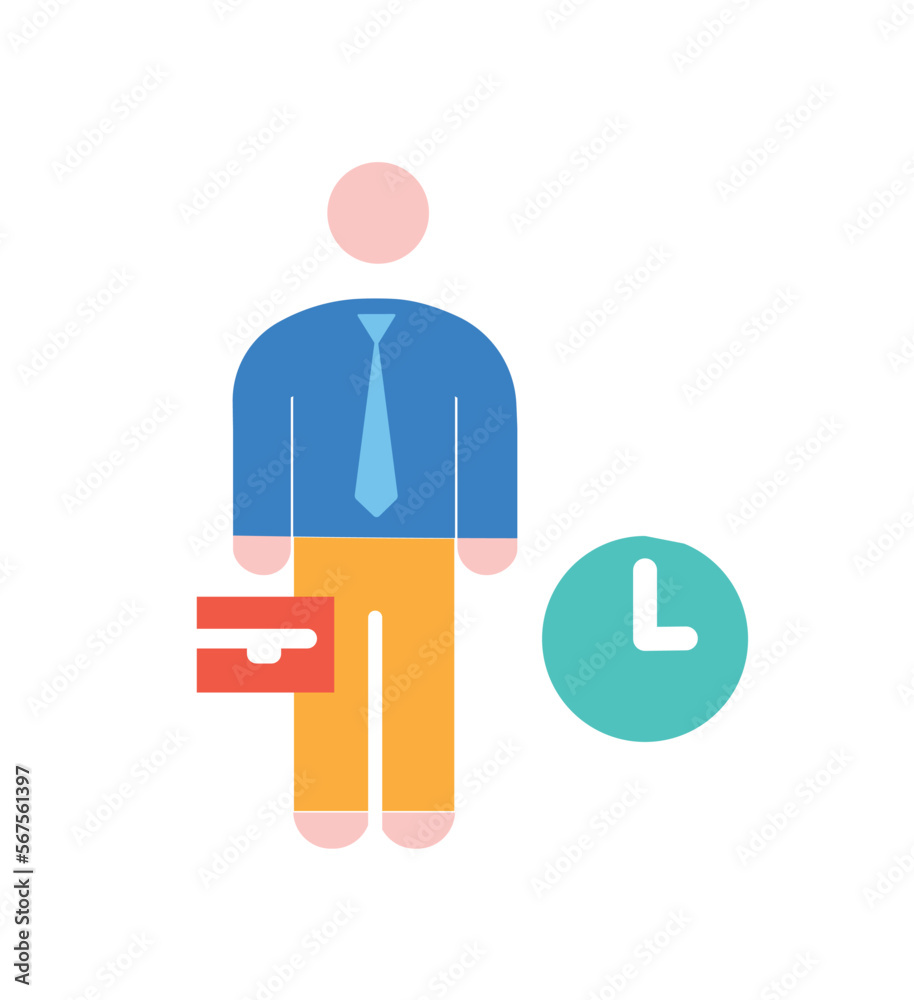 Businessman with clock icon. Man with briefcase look at time. Passive income and financial literacy. Successful entrepreneur or investor. Business project and startup. Cartoon flat vector illustration