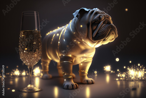 Bulldog drinking champagne on New Year's Eve party. Generative AI.