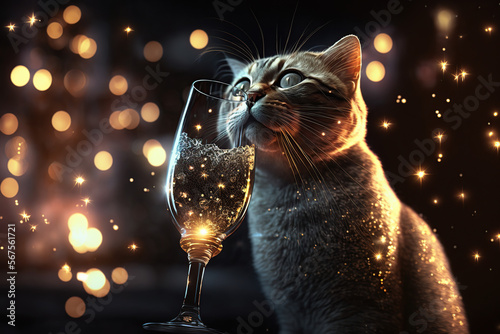 Cat drinking champagne on New Year's Eve party. Generative AI.