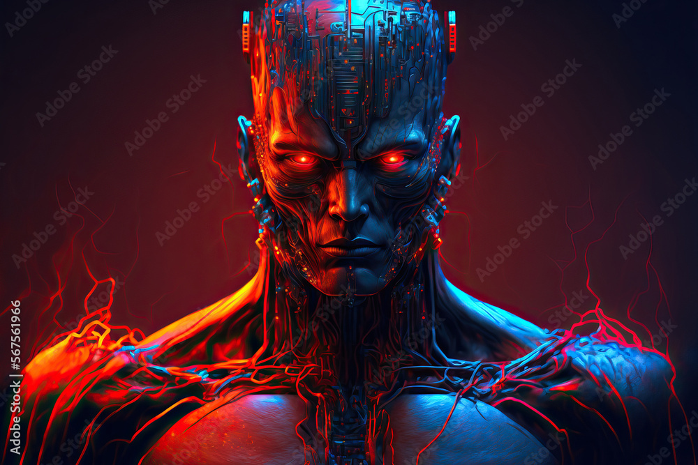 Cyborg with frontal moody 1980s lighting in red, orange, and blue. Generative AI Cyborg with frontal moody 1980s lighting in red, orange, and blue. Generative AI