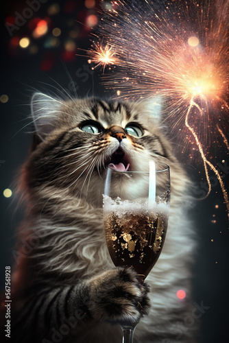 Cat drinking champagne on New Year's Eve party. Generative AI.