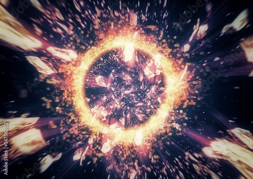 火炎の輪が爆発して破片が飛び散る抽象的な背景