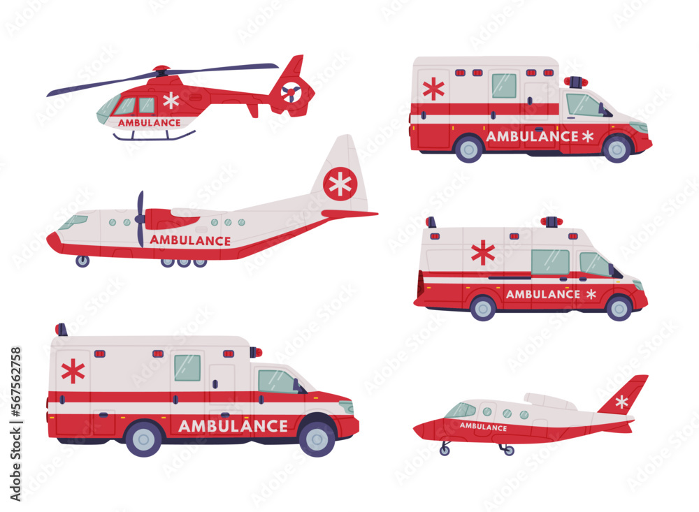 Ambulance Emergency Rescue Service Vehicle and Medical Care Transport Vector Set