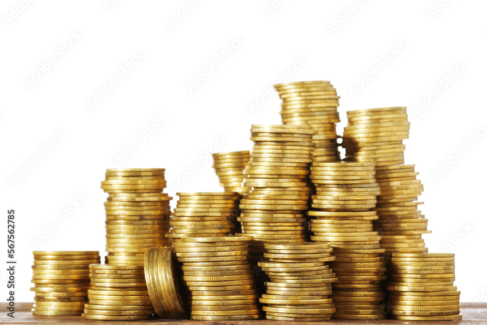 Stack of coins on wooden table, closeup Stack of coins on wooden table, closeup