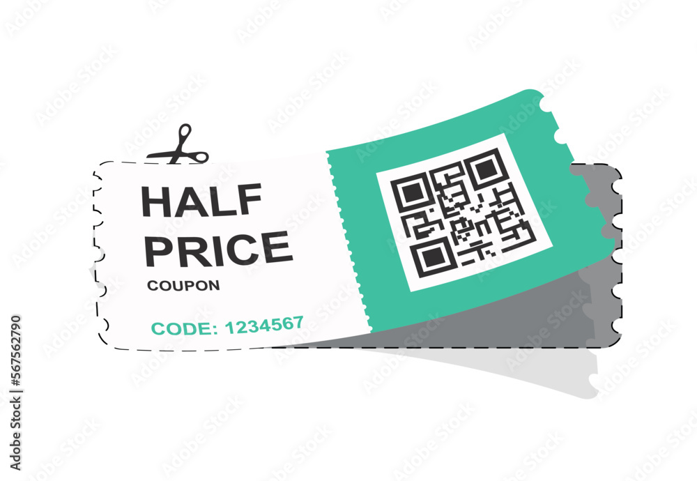 Cut out coupon. Half price, special limited offer. Modern methods of marketing and product promotion. Booklet or voucher, gift coupon with QR code. Cartoon flat vector illustration Cut out coupon. Half price, special limited offer. Modern methods of marketing and product promotion. Booklet or voucher, gift coupon with QR code. Cartoon flat vector illustration