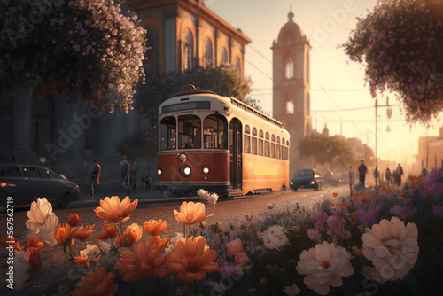 Riding the Vintage Tram: A Sepia Journey through Sunrise and Sunset by the Tower