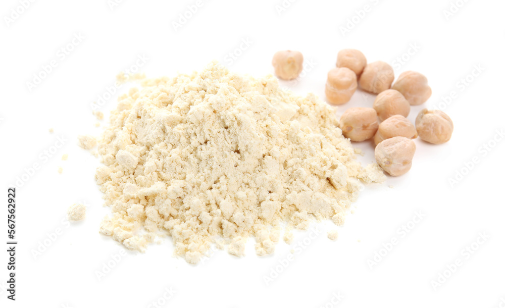Pile of chickpea flour and seeds isolated on white