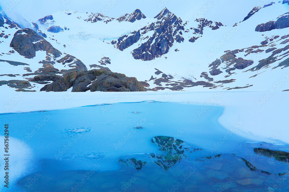 Melting frozen lake, Andes landscape in Tierra Del fuego, Ushuaia, Argentina