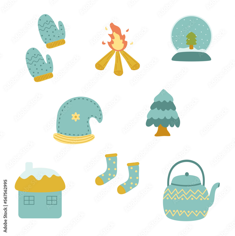 Naklejka premium set of cute winter icon doodles