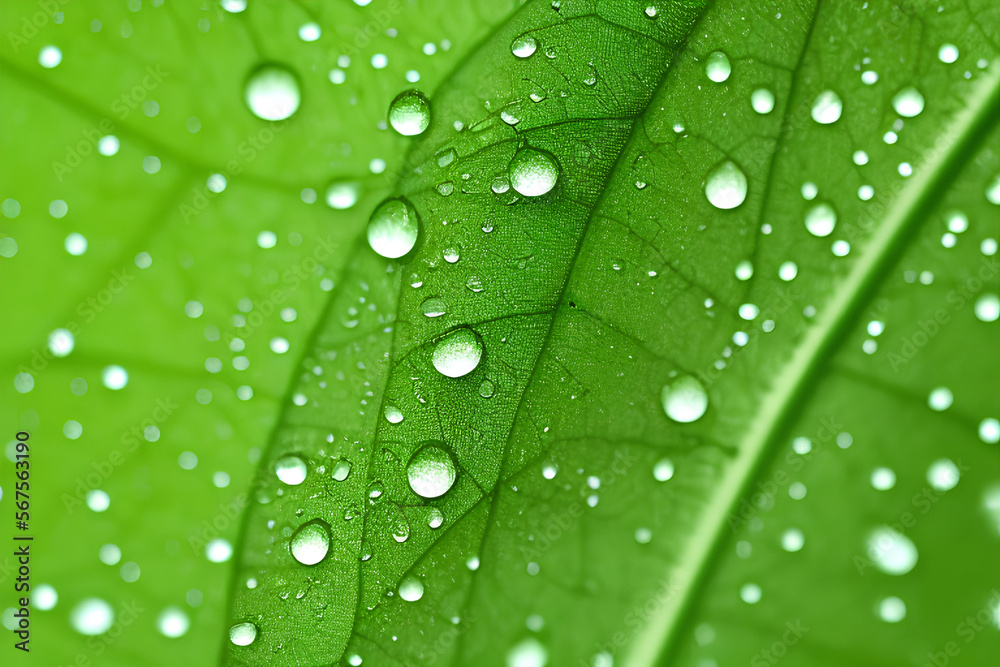 An amazingly beautiful macro image of water or dew drops on a green leaf of a plant with sunlight reflected in a large drop in nature.
