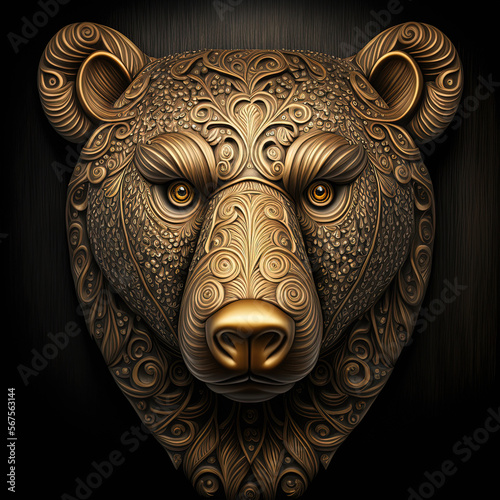golden tribal ornate bear mask on black background by generative AI