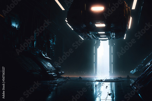 Science fiction space scene sci-fi_render spaceship with neon lights background created with a generative AI technology