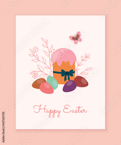 Easter card concept. Multicolored eggs and Easter cake with butterfly. Spring season, traditions and religion. Greeting postcard design. Poster or banner. Cartoon flat vector illustration