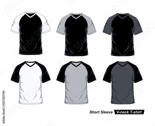 Raglan V-Neck Short Sleeve T-Shirt Template, Black, White and Gray Colors