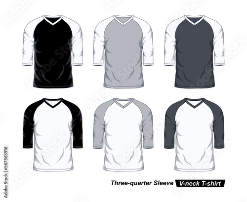 Three Quarter Sleeve V-Neck Raglan T-Shirt Template, Black, White and Gray Colors
