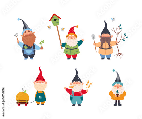 Cute Gnome Character with Beard in Pointy Hat Engaged in Different Activity Vector Set