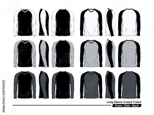 Raglan V-Neck T-Shirt Template, Long Sleeve, Front, Side and Back View, Black, White and Gray Colors