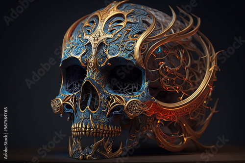 kintsugi devil skull steampunk, intricate filigree design, front view, colorful, extremly realistic -- AI Generated