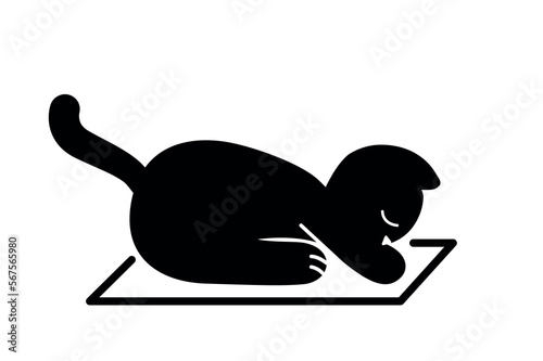 Black cat stretching. Adorable character and kitten, active and healthy lifestyle and sport. Poster or banner for website. Fitness and yoga. Cartoon flat vector illustration