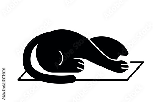 Black cat stretching. Sticker for social networks and messengers. Minimalistic creativity and art. Kitten doing yoga and fitness, active lifestyle. Cartoon flat vector illustration