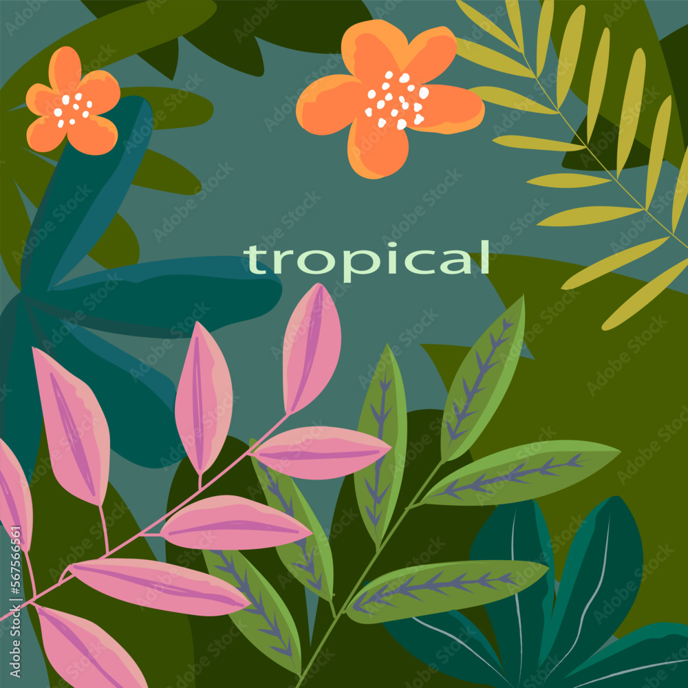 Tropical, flower and leaves, summer nature hand drawn vector illustration background. Beautiful design for card, poster, cover, banner.