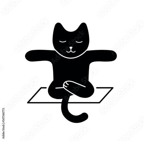 Black cat stretching. Cute and adorable kitten sits in lotus position, meditates. Concentration and inner balance. Graphic element for website. Cartoon flat vector illustration