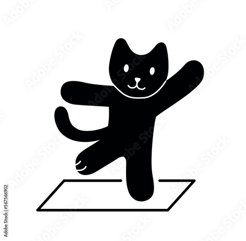 Black cat stretching. Active lifestyle, fitness, yoga and sports. Sticker for social networks and messengers. Charming kitten silhouette. Cartoon flat vector illustration