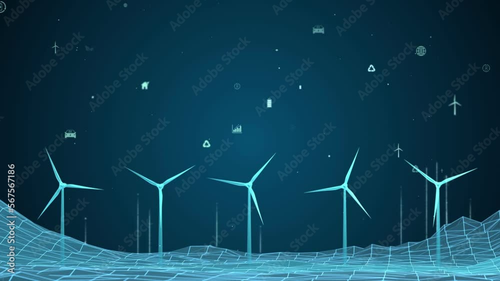 Wind turbine eco technology concept with green environment icon, renewable energy generate from alternative electric source, Innovative windmill sustainable development background 3D rendering