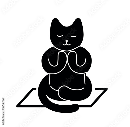 Black cat stretching. Cute kitten meditates, does yoga and sports. Minimalistic creativity and art, silhouette. Company logotype and branding. Cartoon flat vector illustration