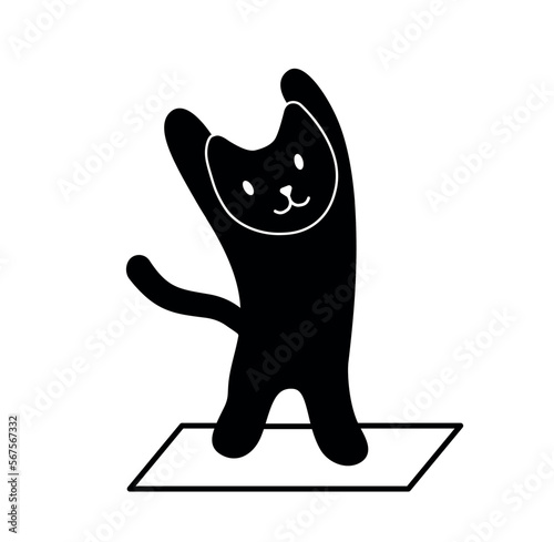 Black cat stretching. Charming character stands on its hind legs on rug, silhouette of kitten. Sprot, yoga and fitness. Poster or banner for website. Cartoon flat vector illustration