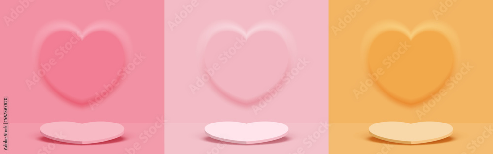 Set of heart base decorations with embossed wall heart-shaped. Stage pedestal scene for product display on Pink and Yellow background. Valentine's day background. Minimal style. Vector illustration.