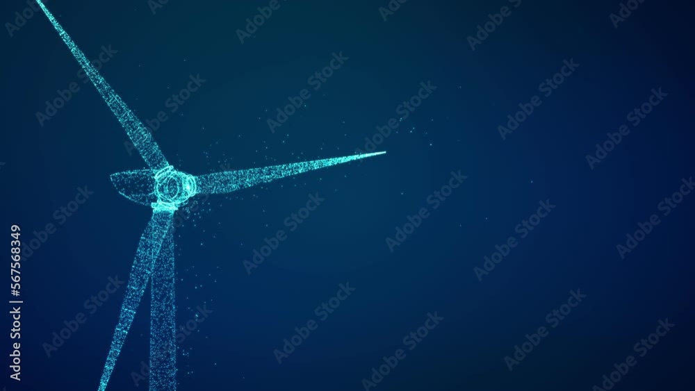 Wind turbine eco power technology concept with particle line art, renewable energy generate from green alternative electric source, Innovative windmill background 3D rendering