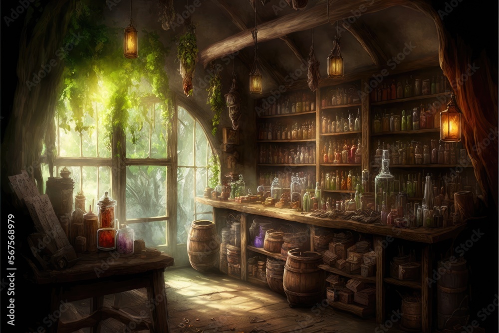 Alchemist&rsquo;s workshop, potion shop with bottles and jars full of